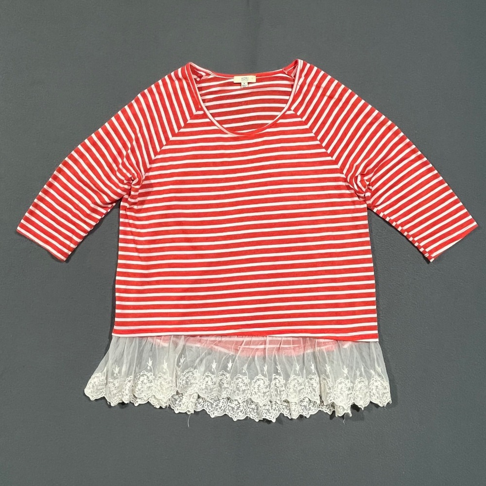 Kori America Tunic Top Women Size M Orange White Striped Lace Hem 3/4 Sleeve